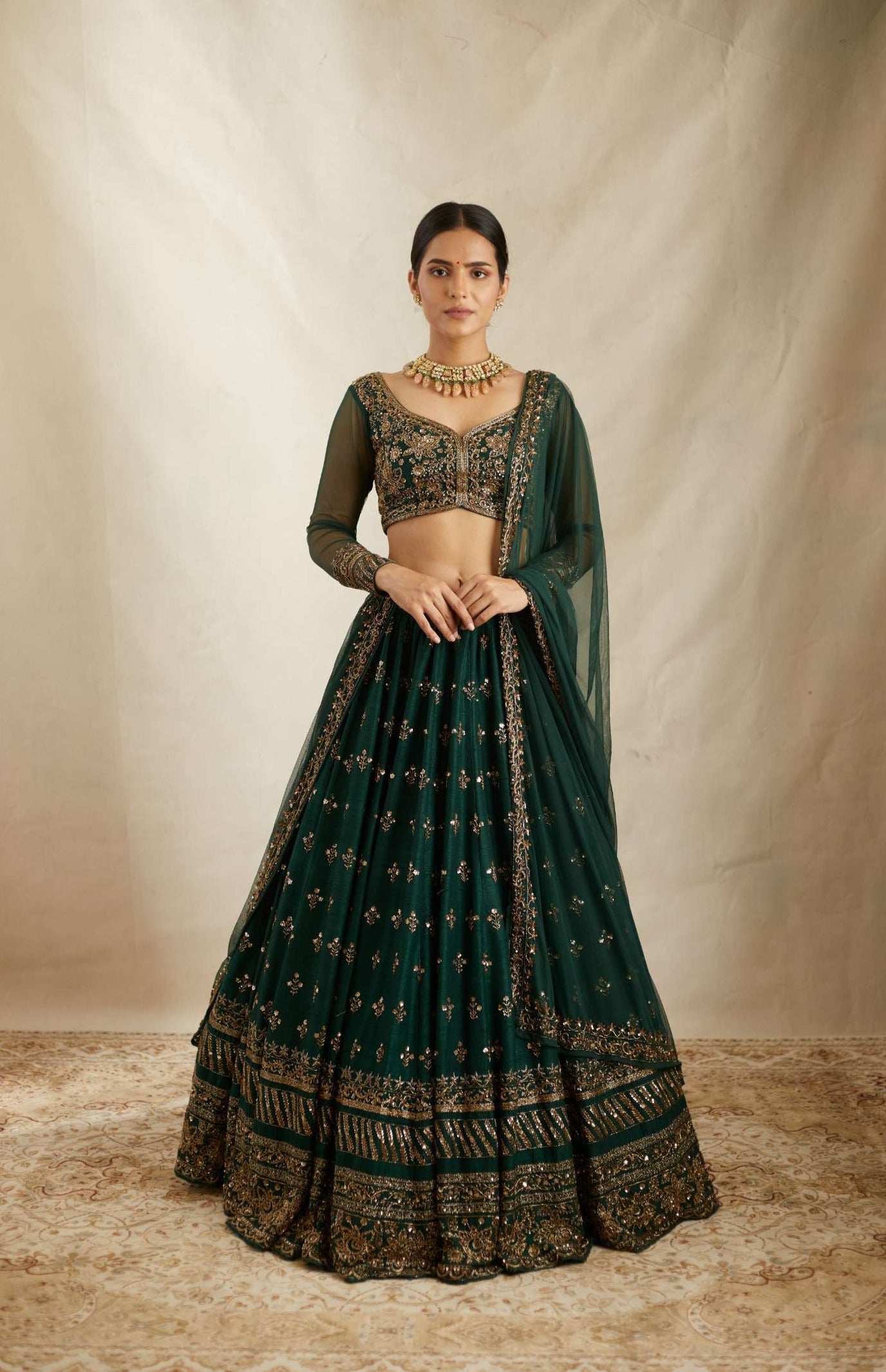 Embrelled Green Raw Silk Lehenga Set