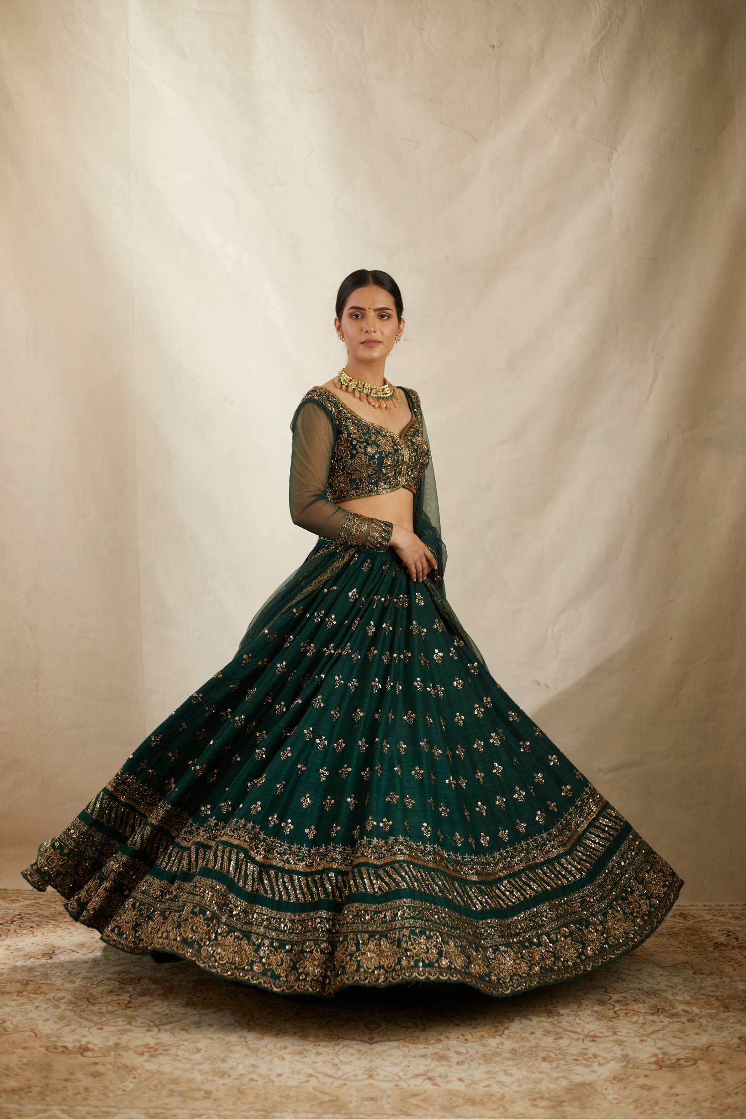 Embrelled Green Raw Silk Lehenga Set