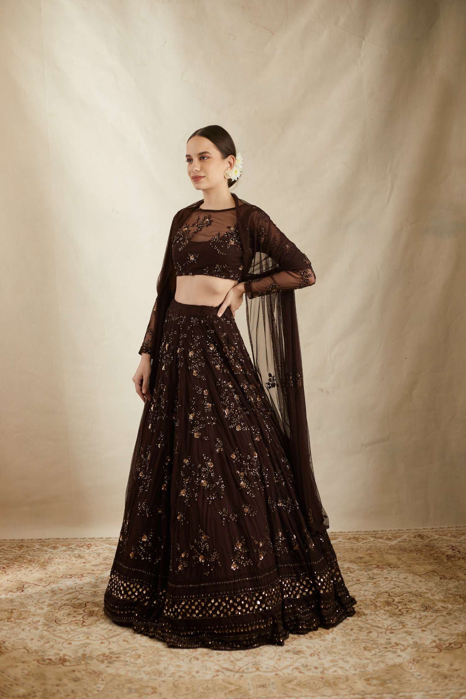 Side Front view of Dark Coffee Net Thread Embroidered Lehenga Set