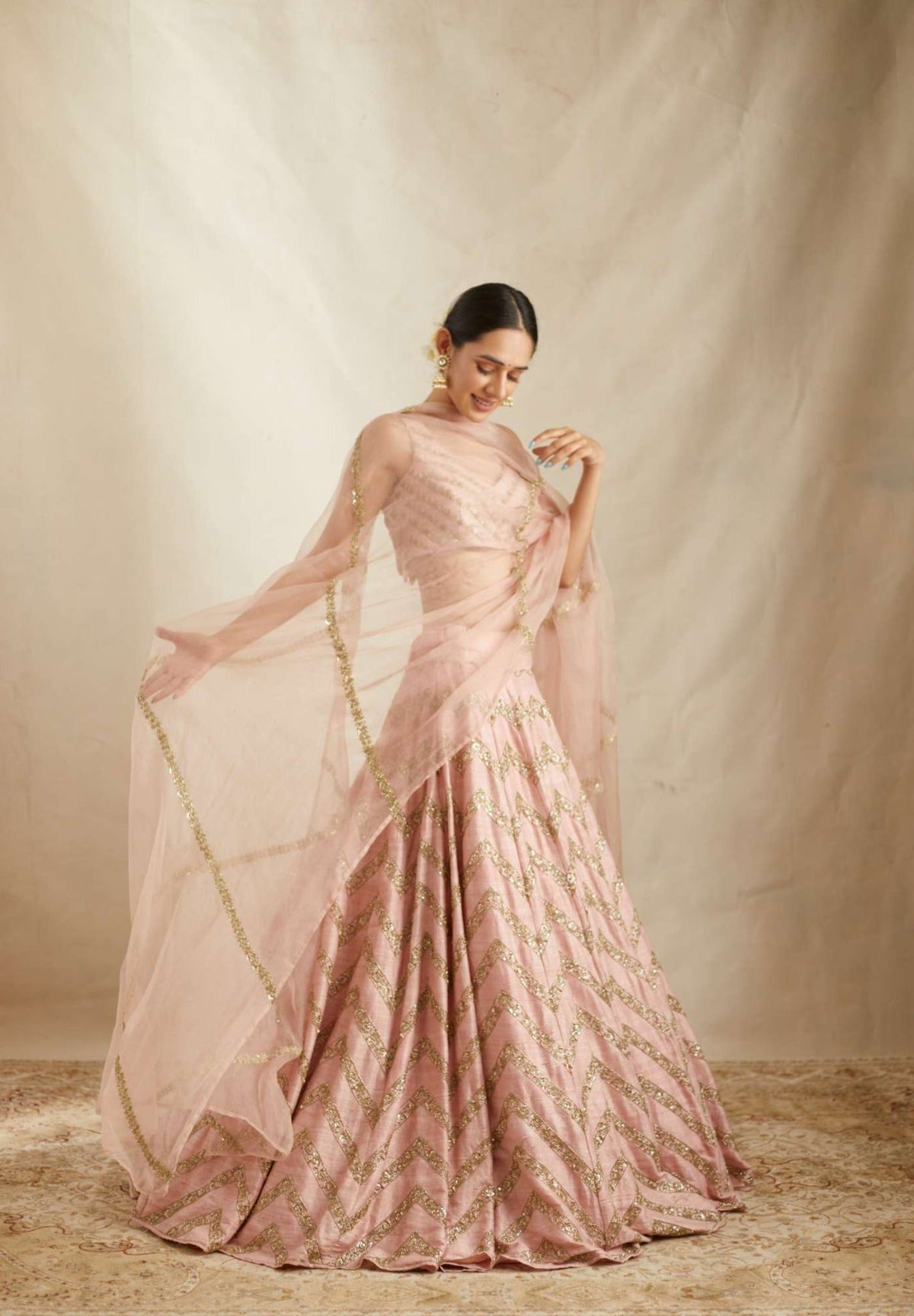 Blush Pink Raw Silk Zig Zag Work Lehenga Set