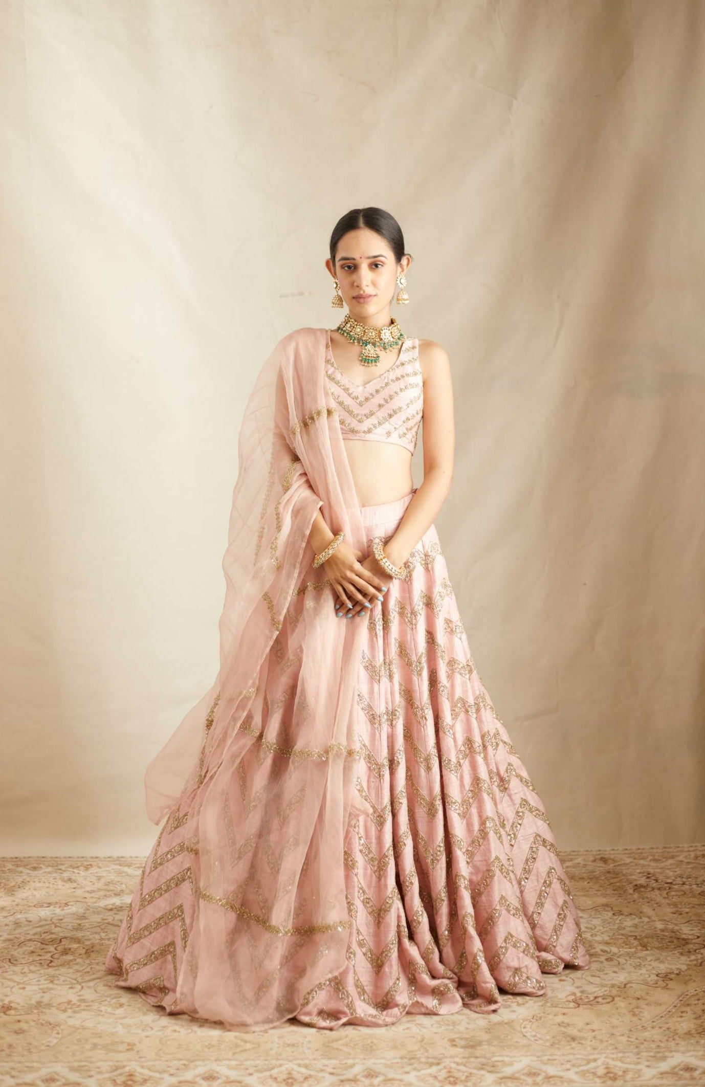 Blush Pink Raw Silk Zig Zag Work Lehenga Set