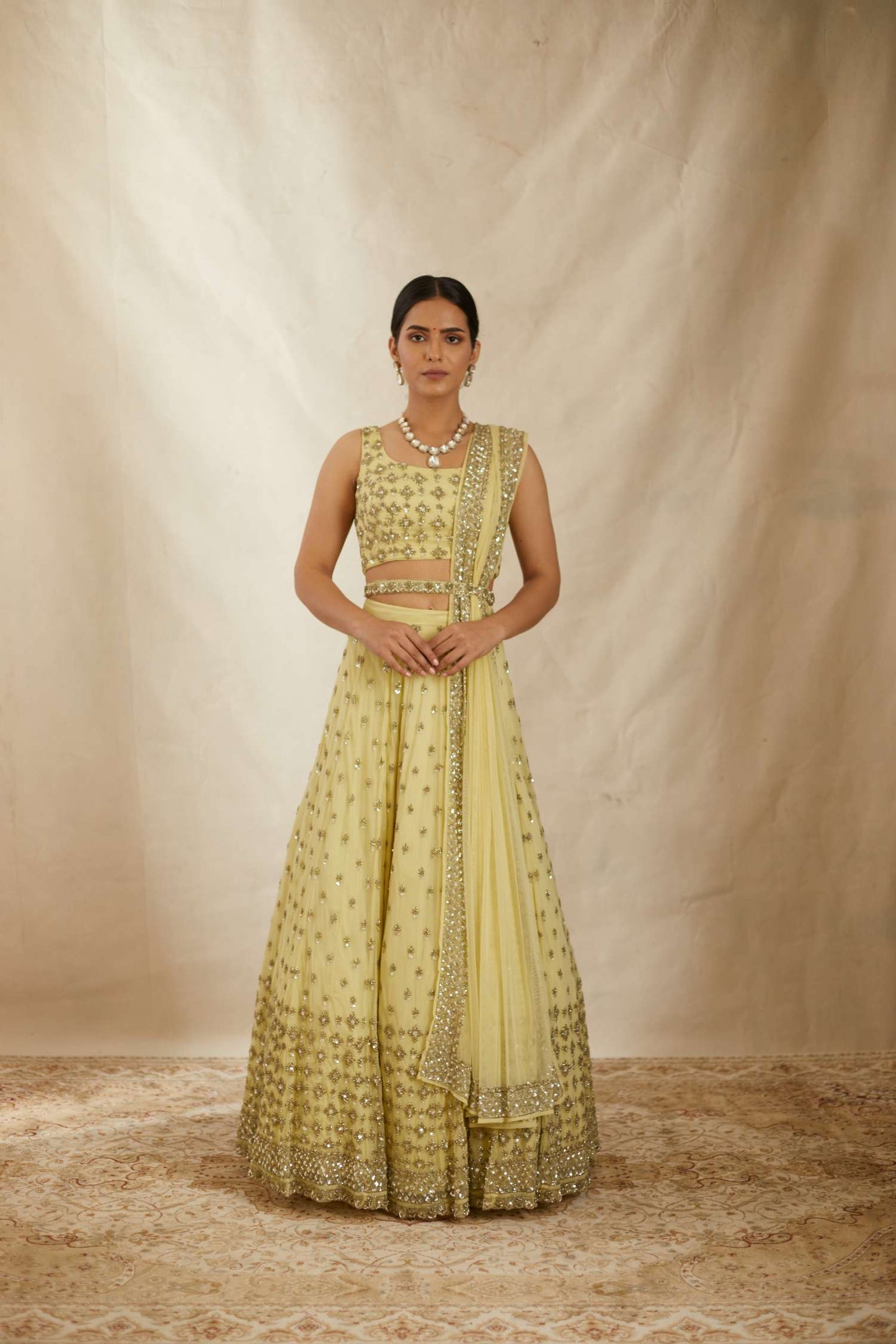 Yellow Net Crepe Embroidered Lehenga Set