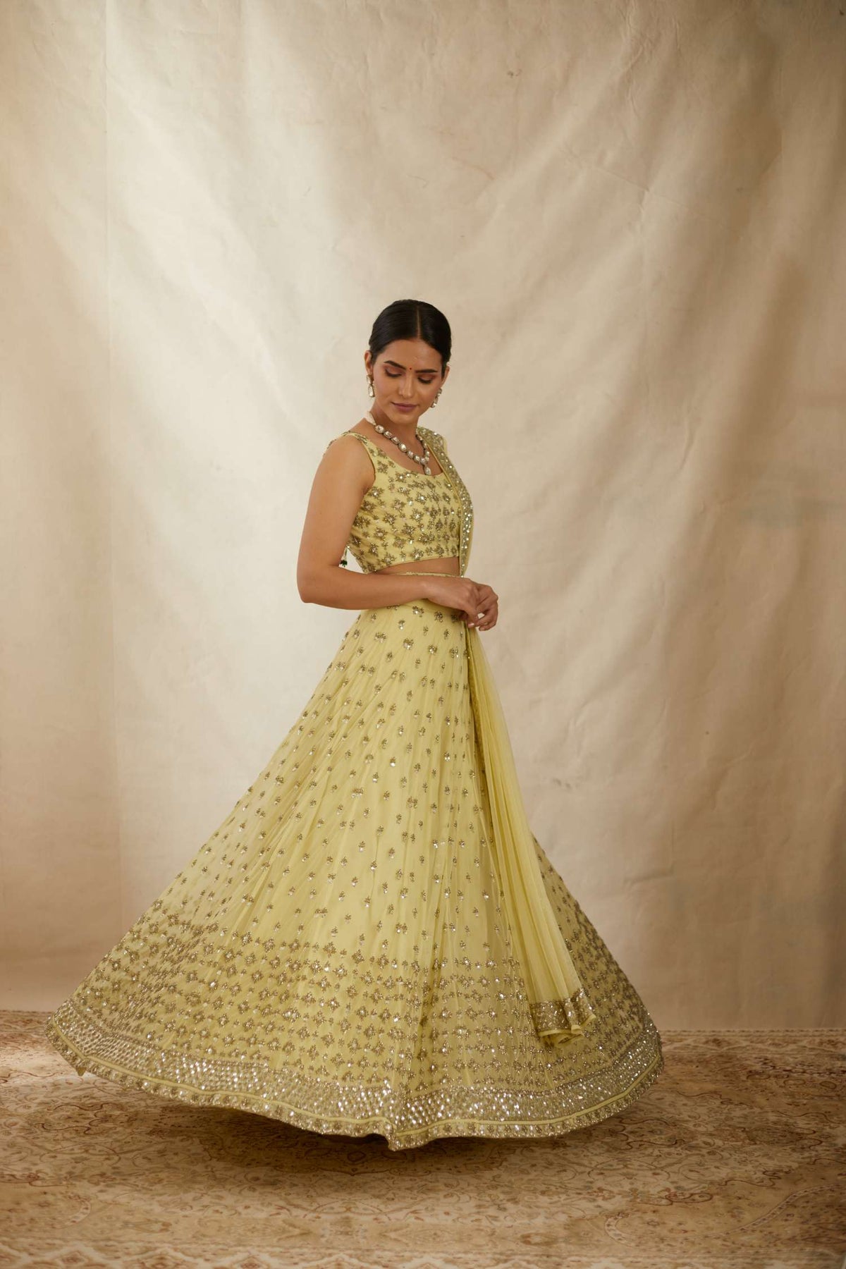 Yellow Net Crepe Embroidered Lehenga Set