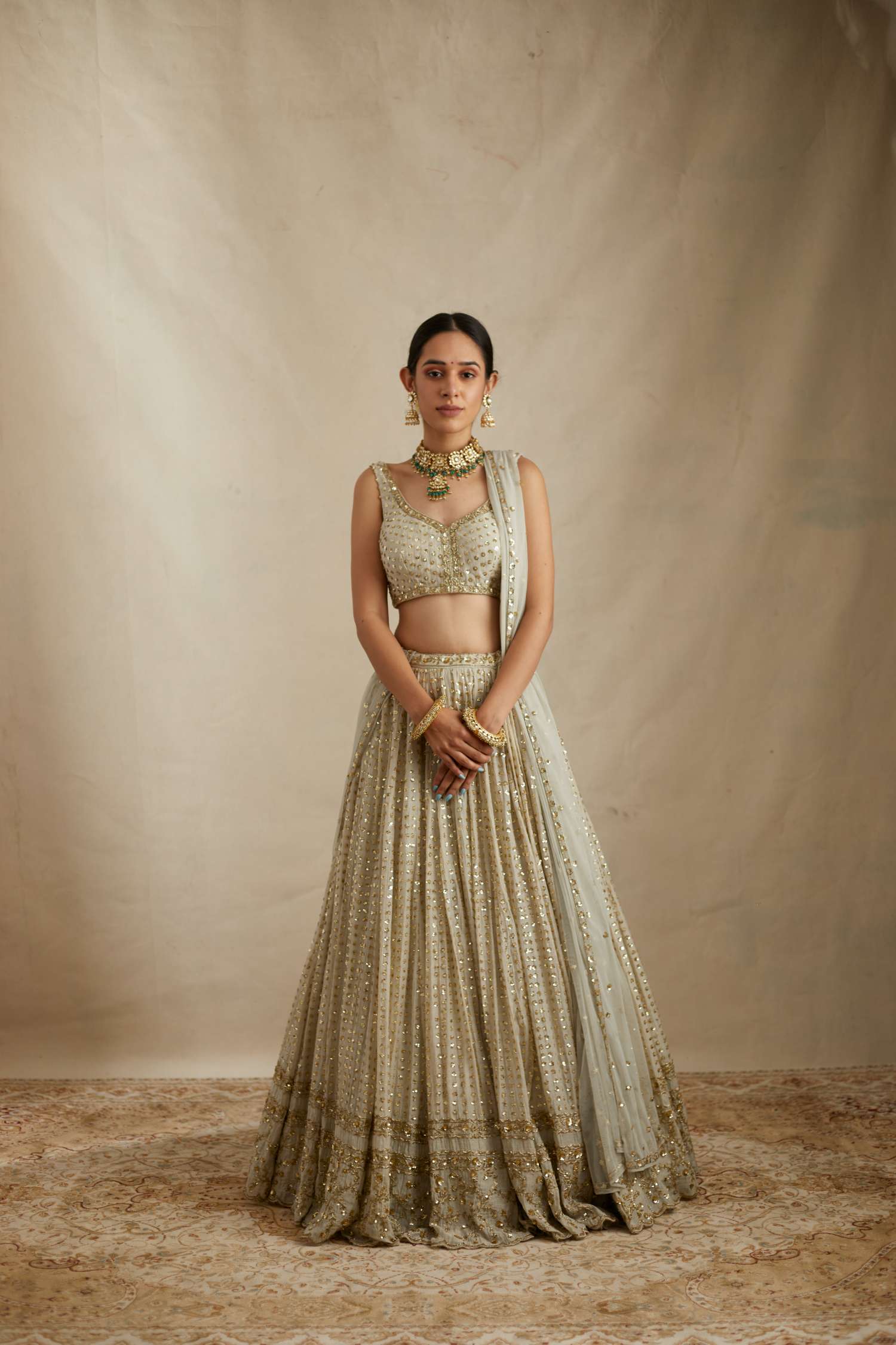 Full Front view of Mint Chanderi Heavy Sitara Work Lehenga Set