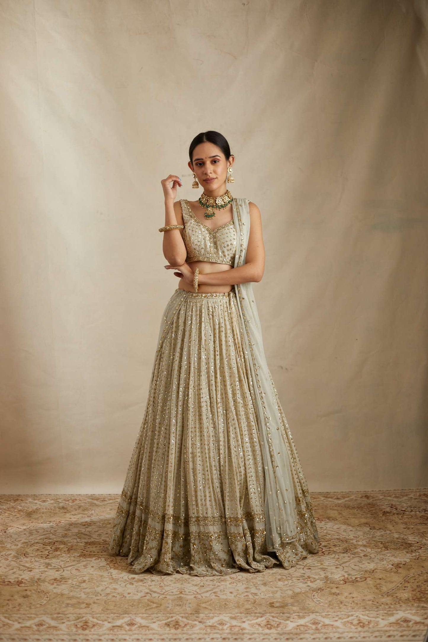 Mint Chanderi Heavy Sitara Work Lehenga Set