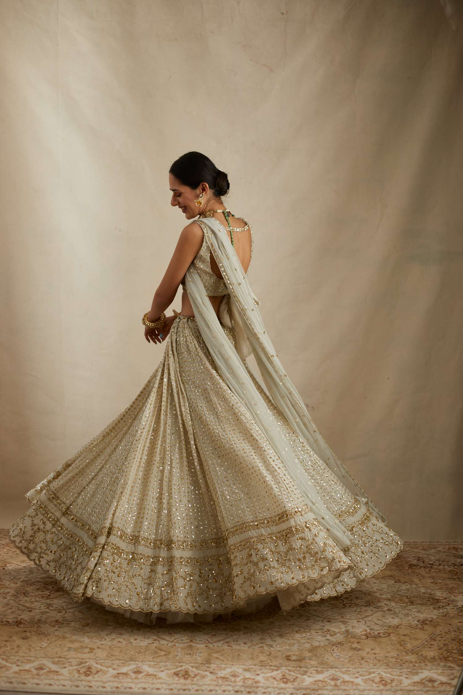 Back View of Mint Chanderi Heavy Sitara Work Lehenga Set