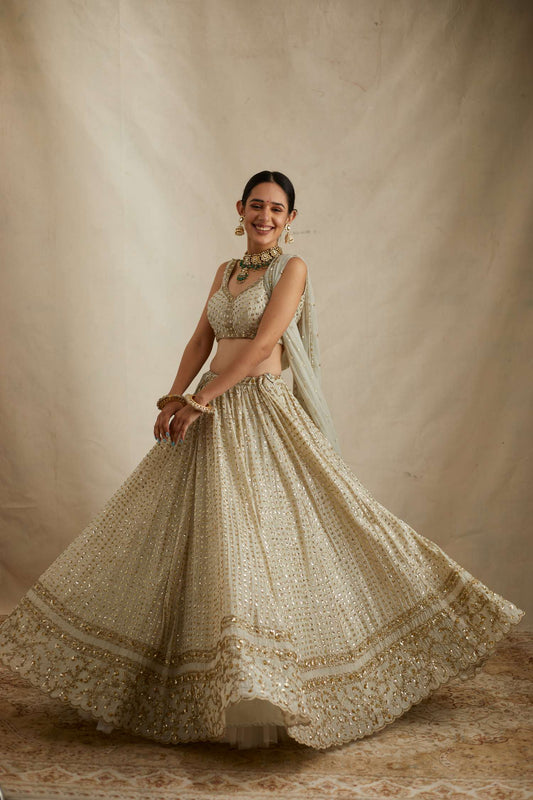 Mint Chanderi Heavy Sitara Work Lehenga Set