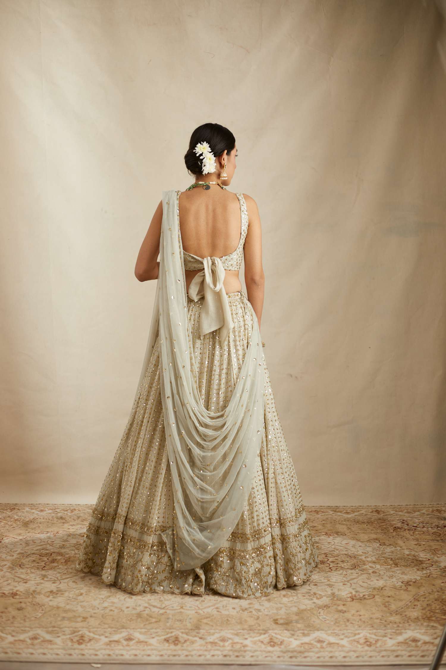 Back View of Mint Chanderi Heavy Sitara Work Lehenga Set
