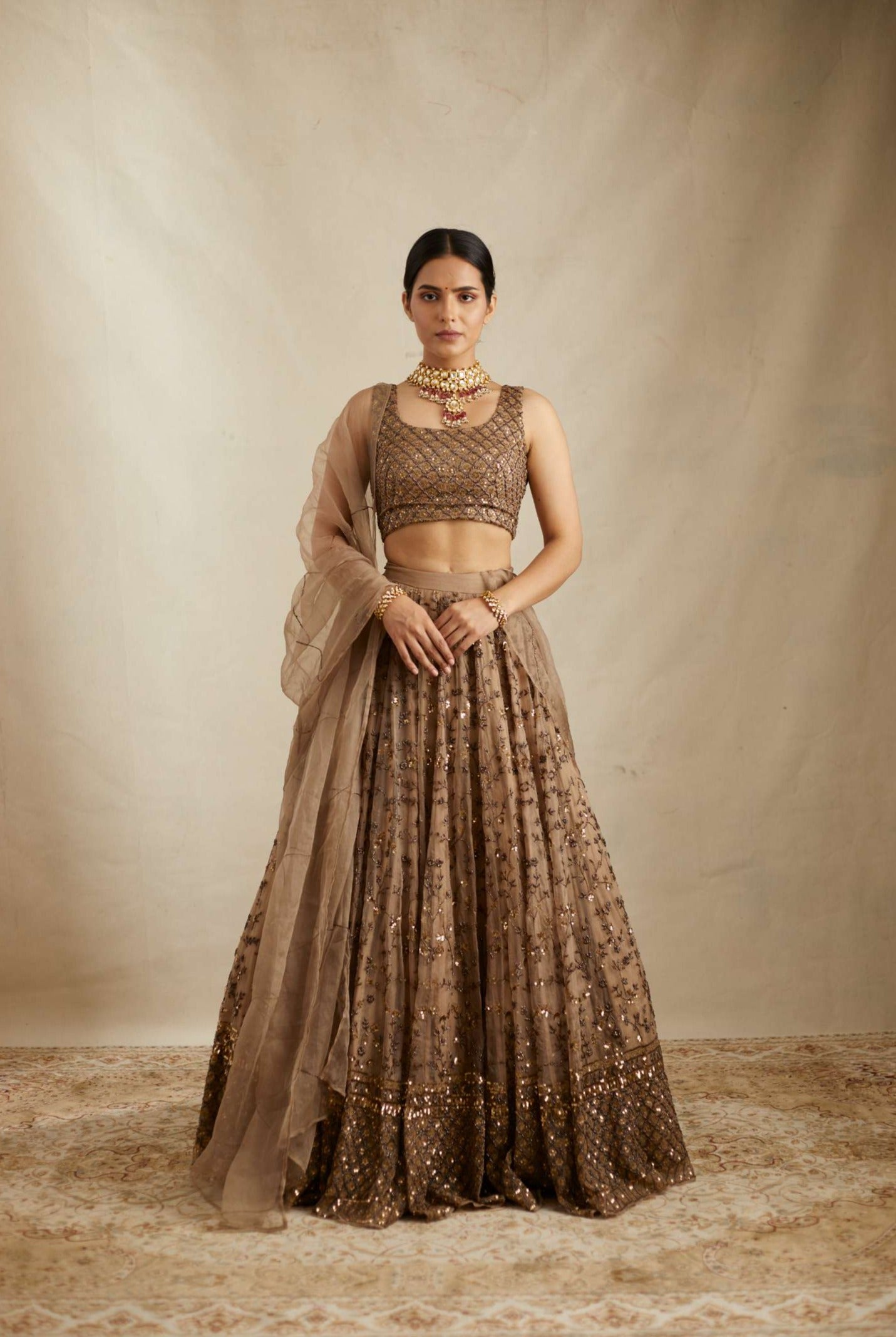 Brown Jaal Work Organza Lehenga Set
