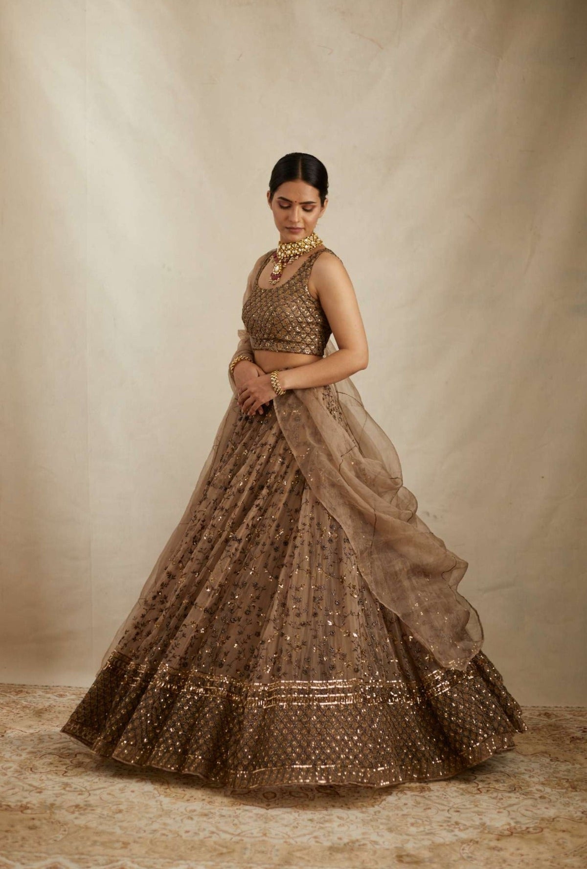 Brown Jaal Work Organza Lehenga Set