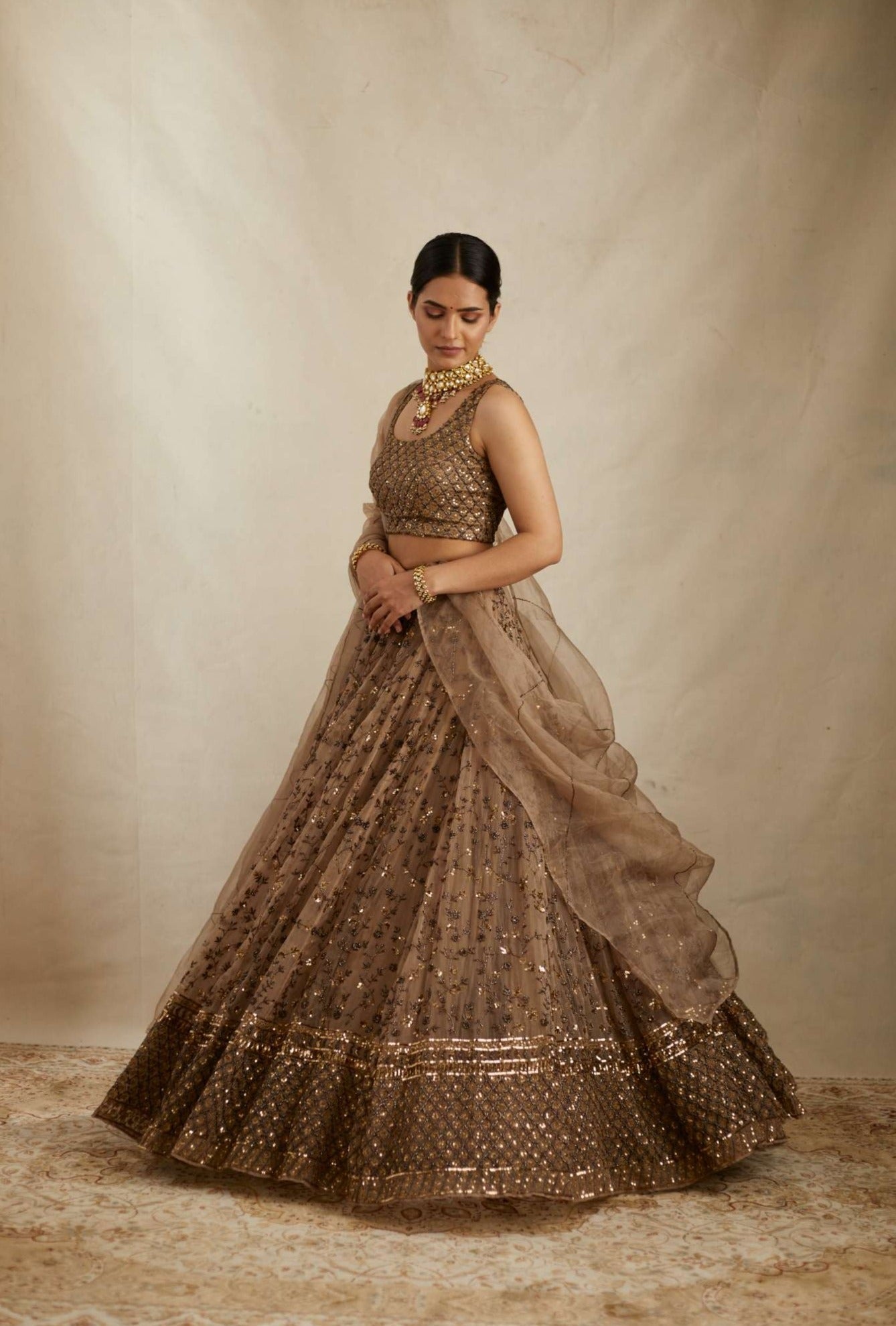 Close-up View of Brown Jaal Work Organza Lehenga Set