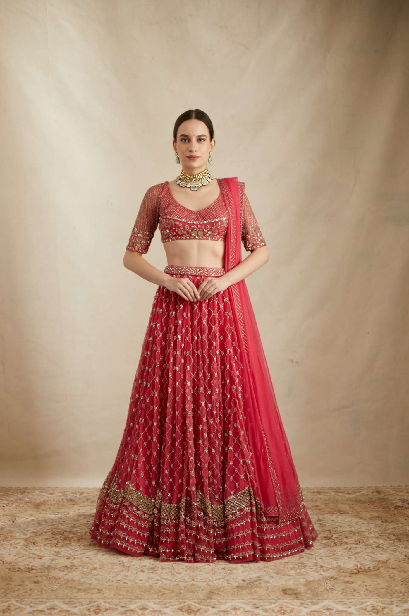Caramine Pink Heavy Jaal Work Lehenga Set