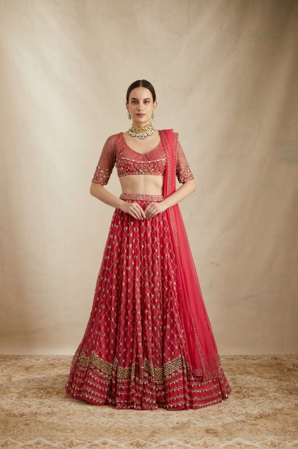 Caramine Pink Heavy Jaal Work Lehenga Set