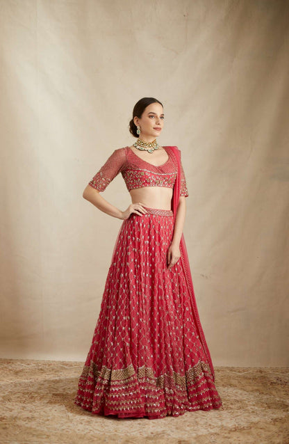 Caramine Pink Heavy Jaal Work Lehenga Set