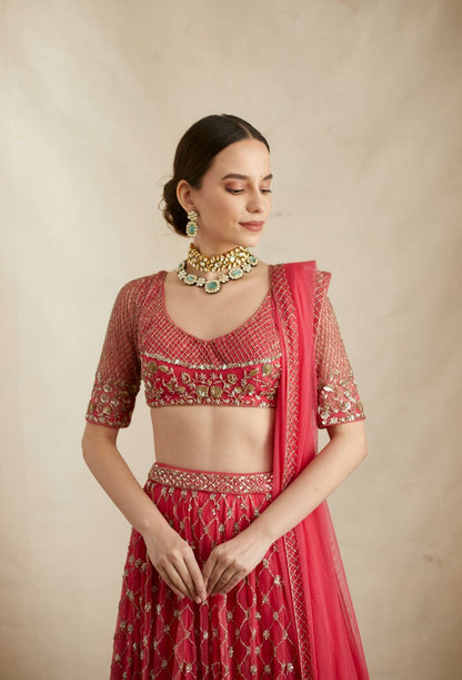 Caramine Pink Heavy Jaal Work Lehenga Set