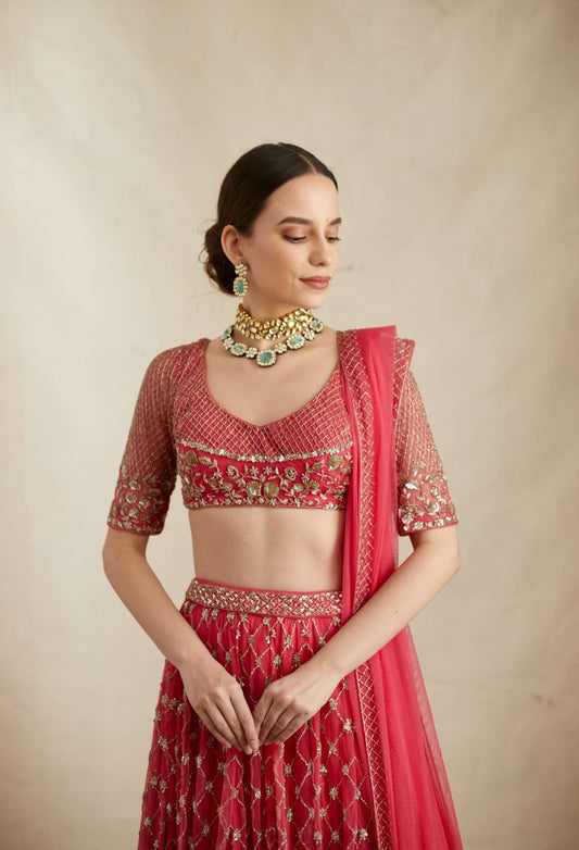 Caramine Pink Heavy Jaal Work Lehenga Set