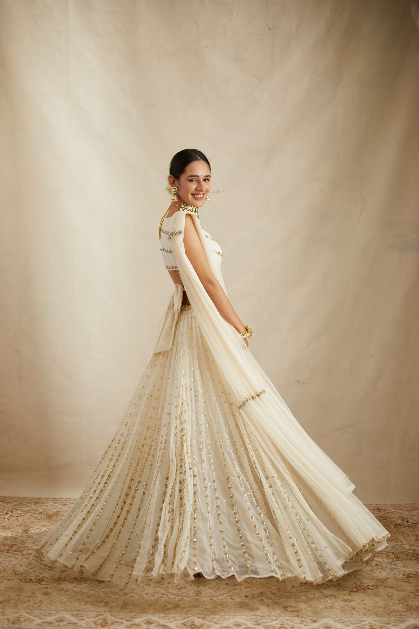 Off White Net Crepe Line Embroidered Lehenga Set