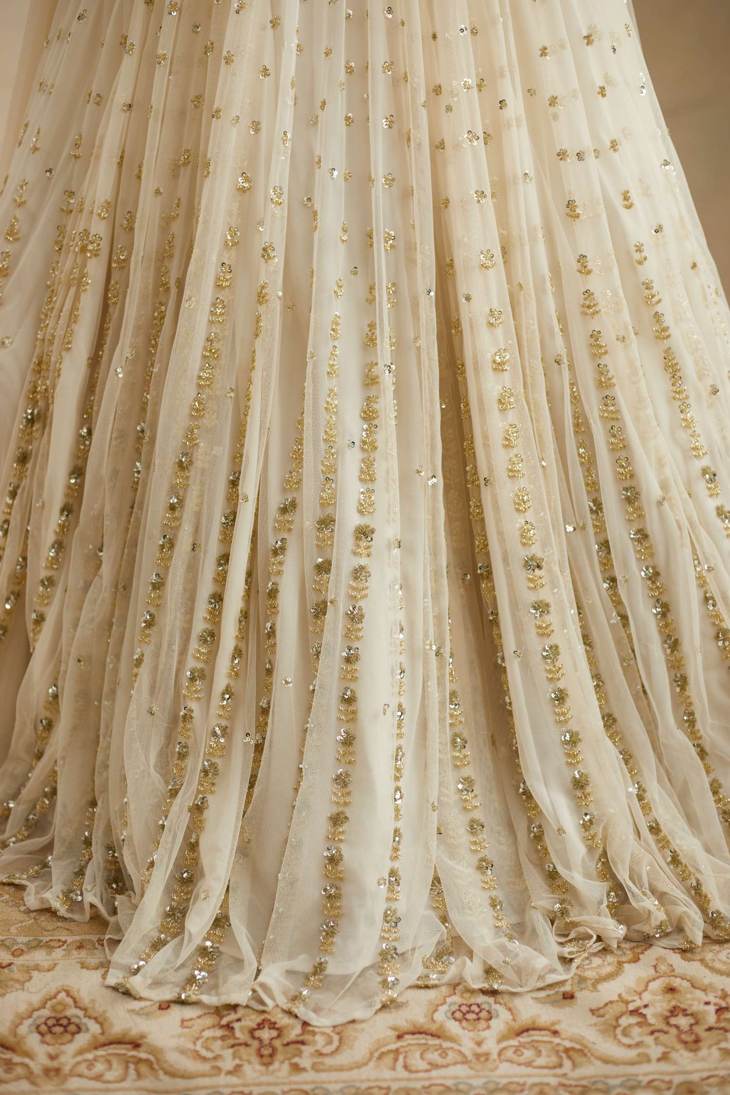 Close-up of Olive Green Net Crepe Line Embroidered Lehenga Set