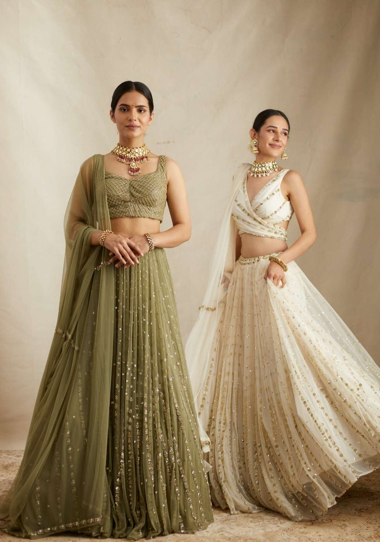 Front view of Olive Green Net Crepe Line Embroidered Lehenga Set for Women