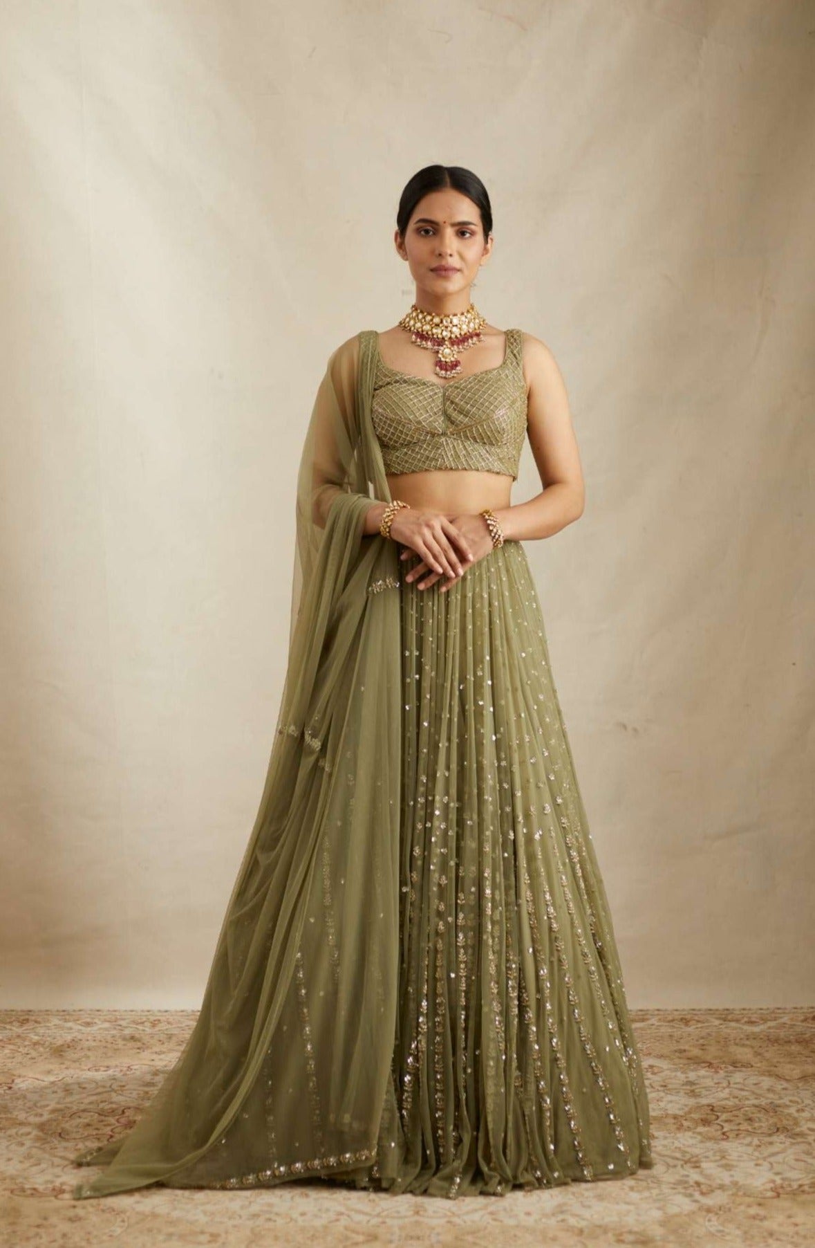 Olive Green Net Crepe Line Embroidered Lehenga Set