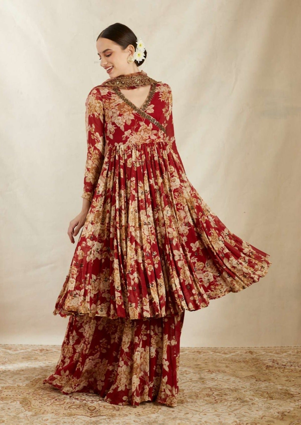 Side view of Red Georgette Floral Angrakha Set