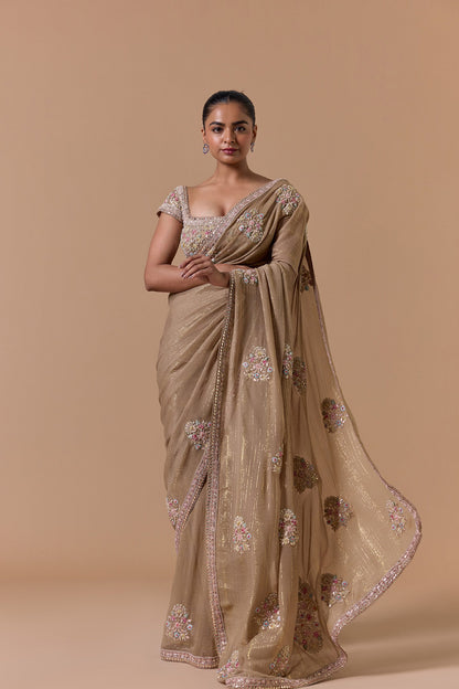 Beige Lurex Chiffon Saree Blouse Set