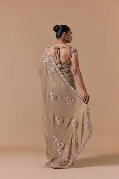 Beige Lurex Chiffon Saree Blouse Set