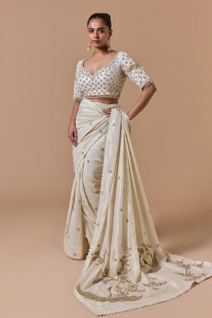 Cream Gold Lurex Saree Set
