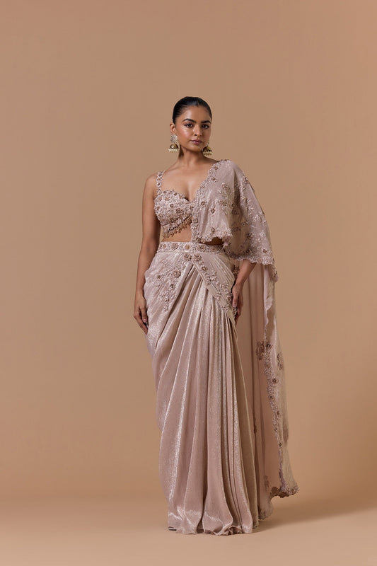 Blush Crush Chiffon 3D Flower Draped Saree Set