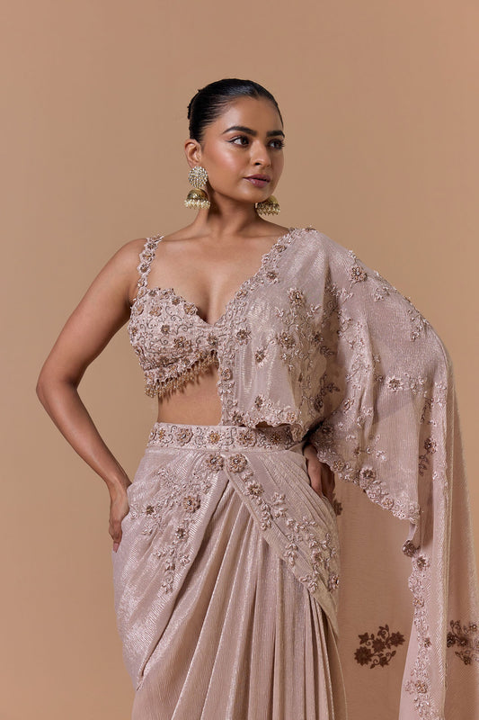 Blush Crush Chiffon 3D Flower Draped Saree Set