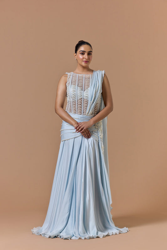 Powder Blue Satin Gown Saree Set
