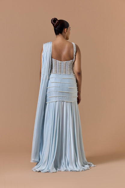Powder Blue Satin Gown Saree Set