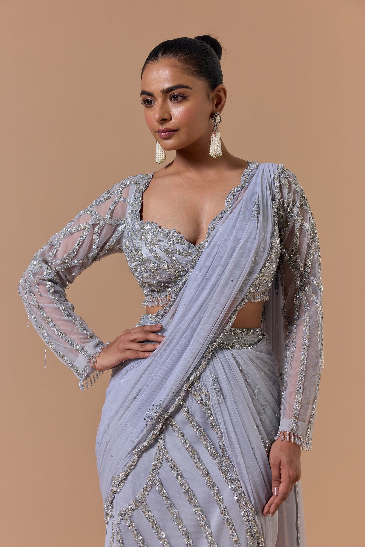 Grey Net Draped Saree Set With Silver Embroidery
