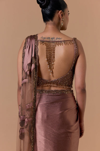 Copper Crush Satin Draped Saree Set