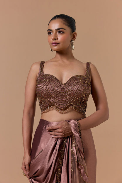 Copper Crush Satin Draped Saree Set