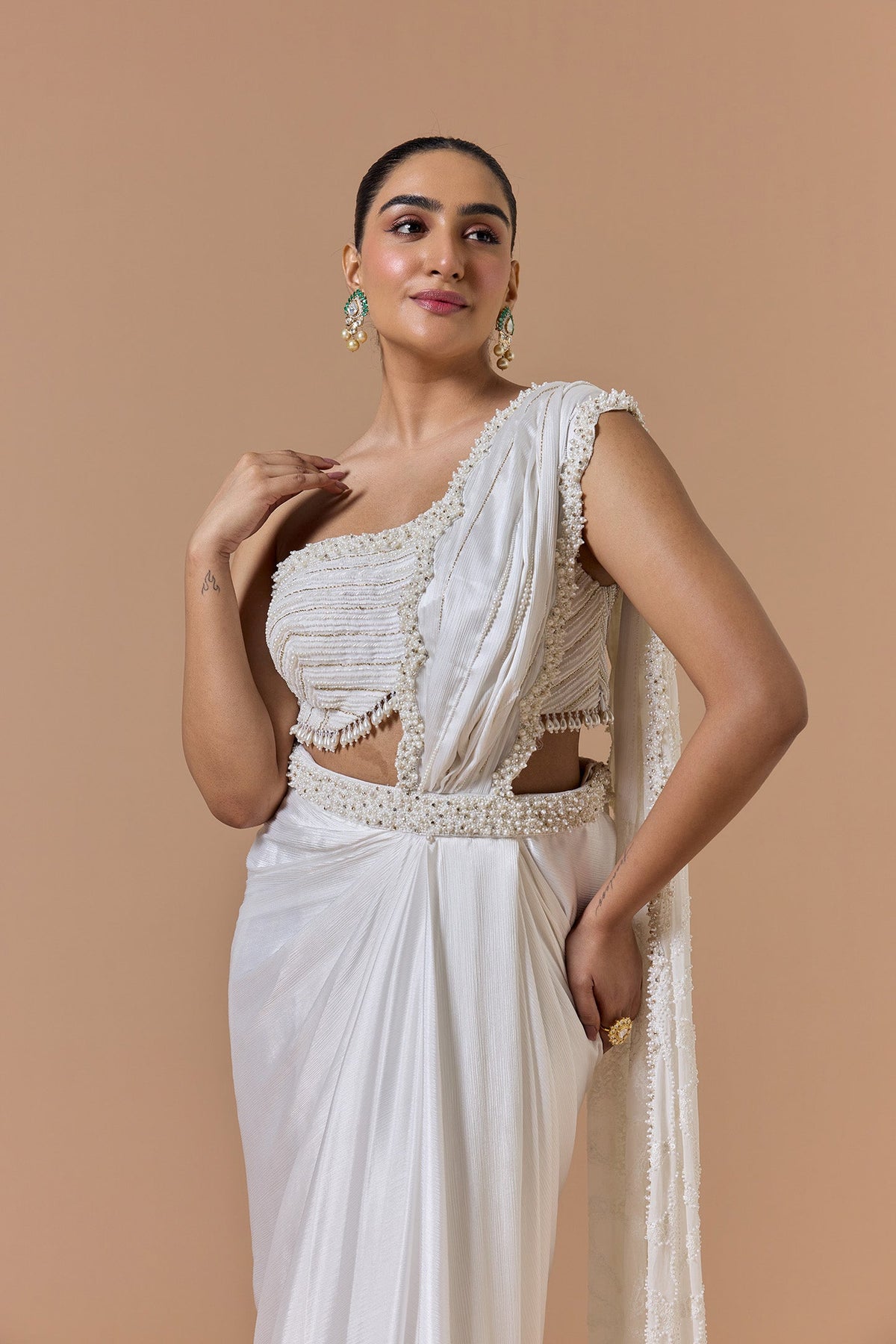 Ivory One Off Shoulder Draped Saree Set