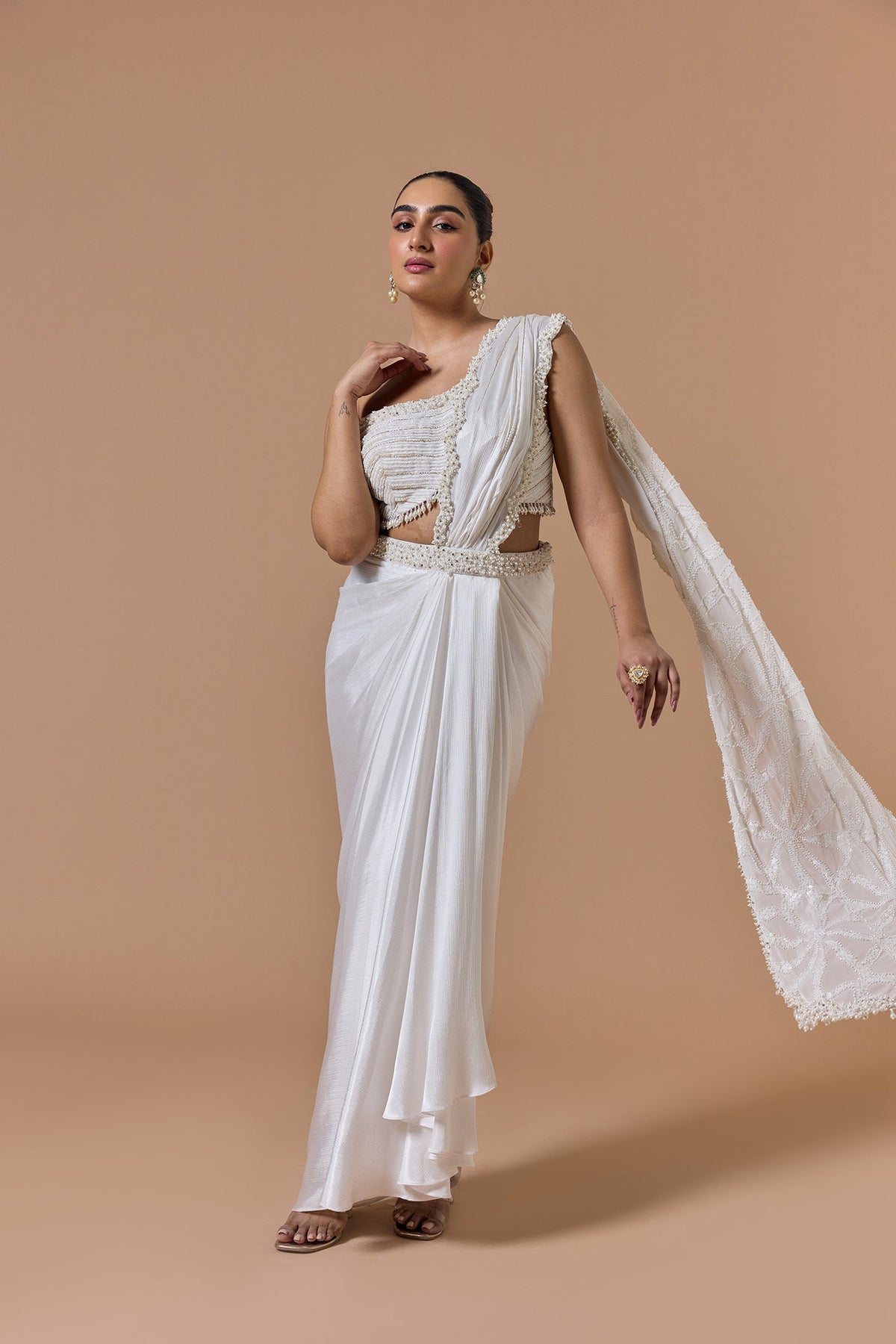 Ivory One Off Shoulder Draped Saree Set