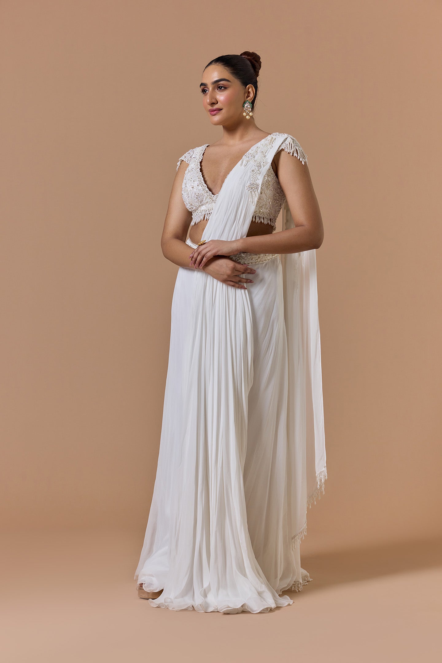 White Georgette Draped Saree Set