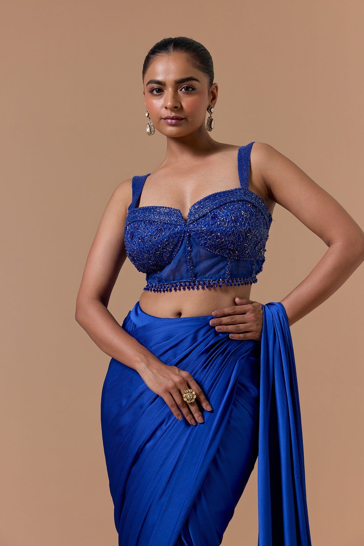 Royal Blue Draped Saree Set