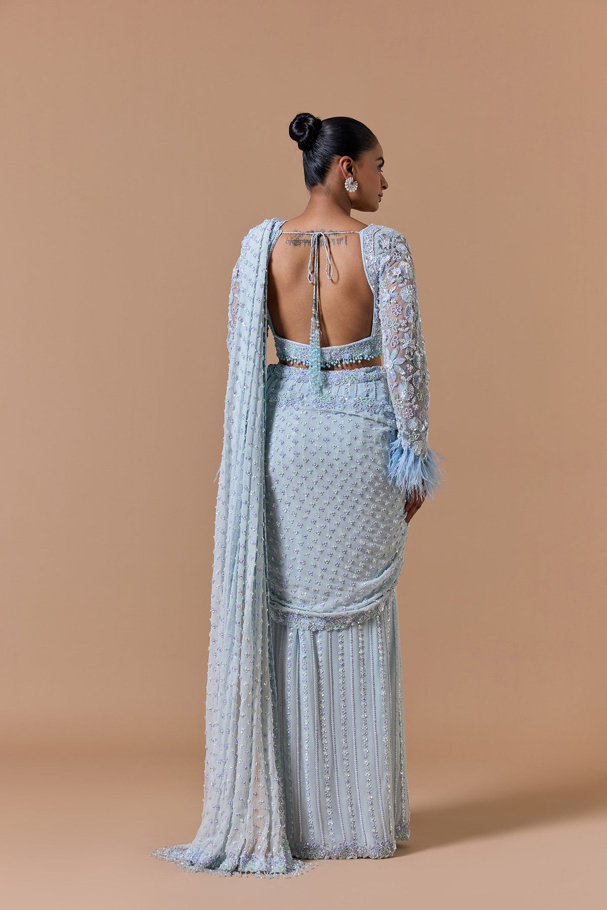 Powder Blue Pleated Draped Saree Set