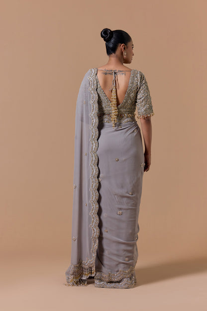 Grey Georgette With Tissue Blouse Saree Set