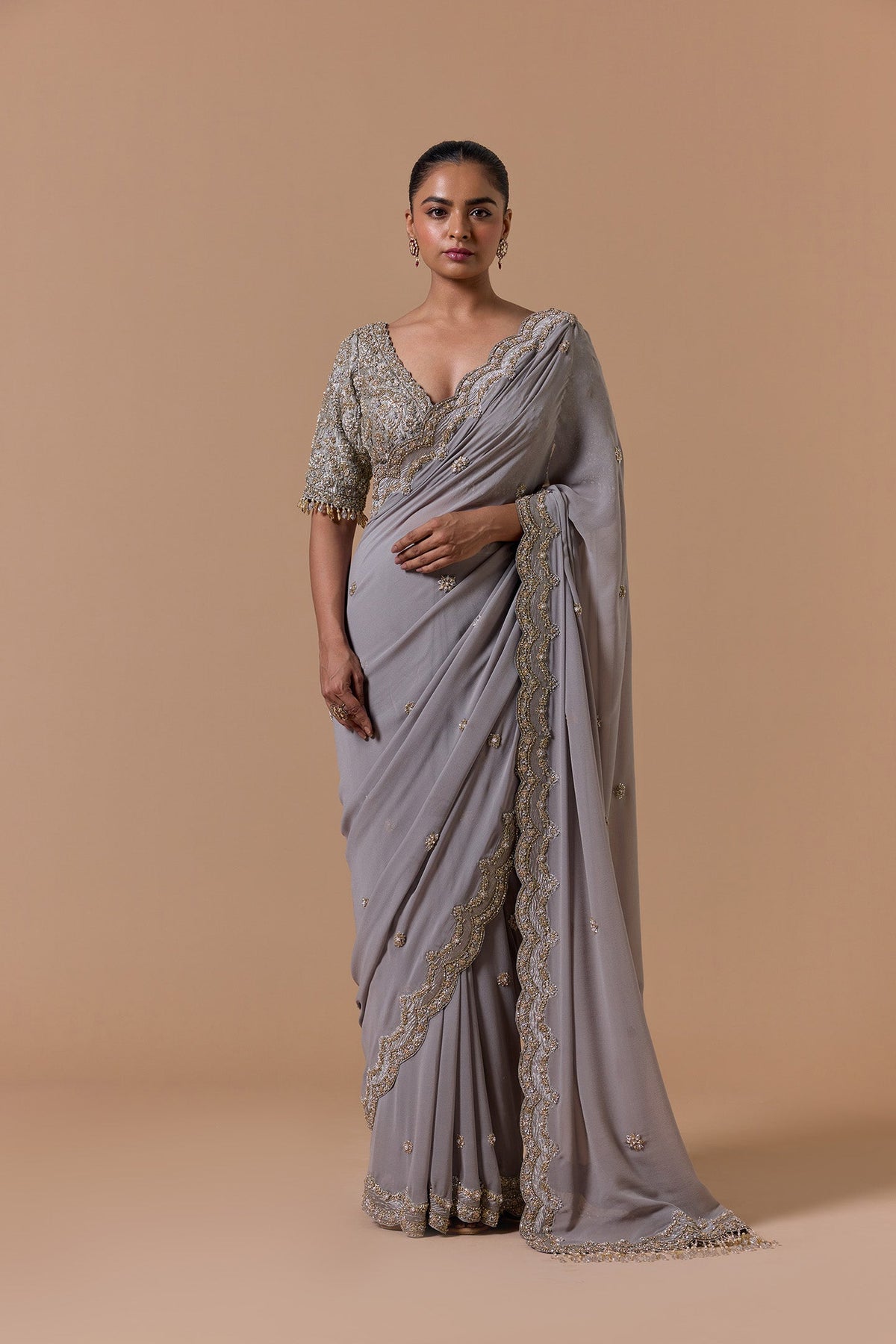Grey Georgette With Tissue Blouse Saree Set