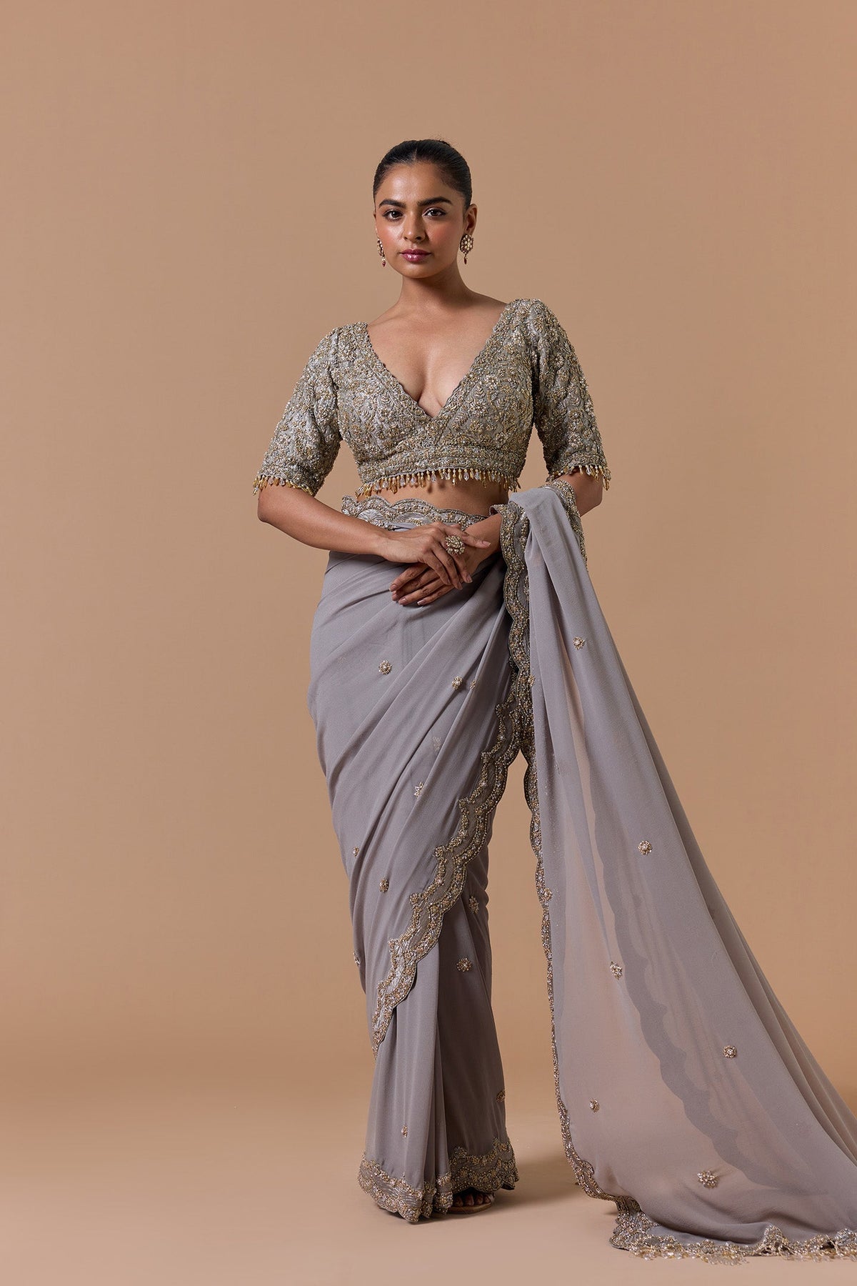 Grey Georgette With Tissue Blouse Saree Set