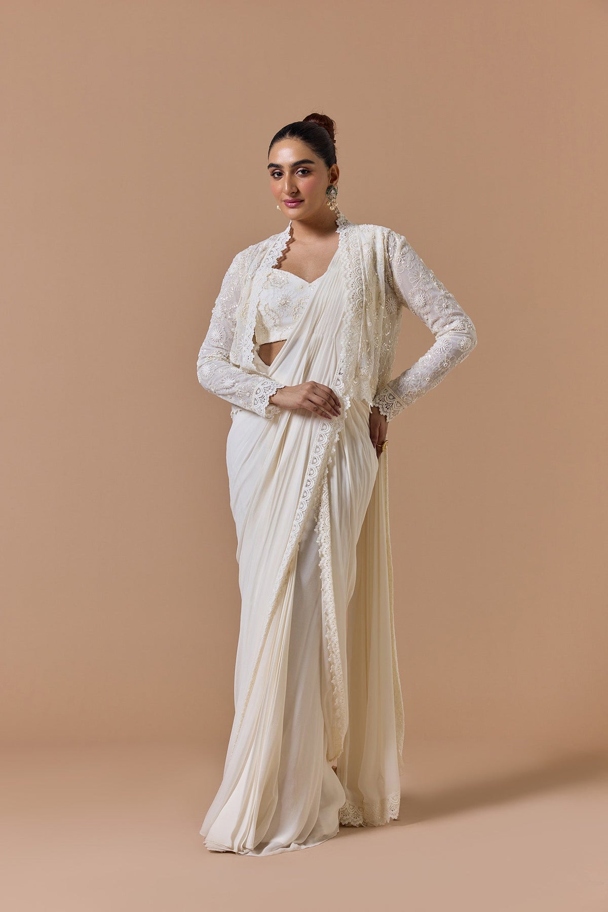 Ivory Draped Saree With Short Jacket Set