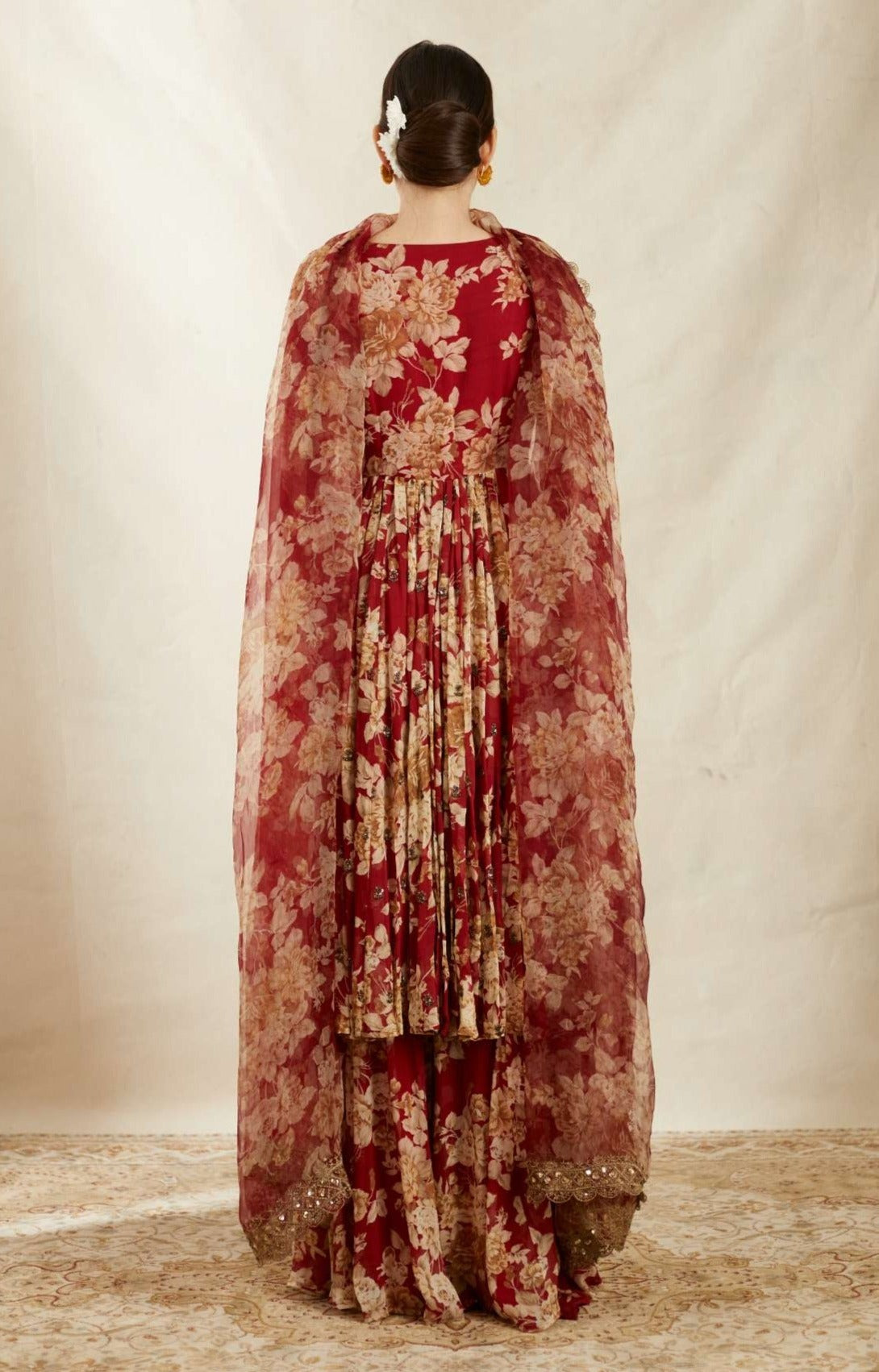 Back Angle view of Red Georgette Floral Angrakha Set