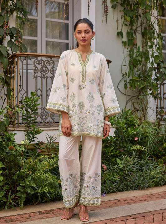 Kalani Supima Cotton Off White & Green Co-ord Set
