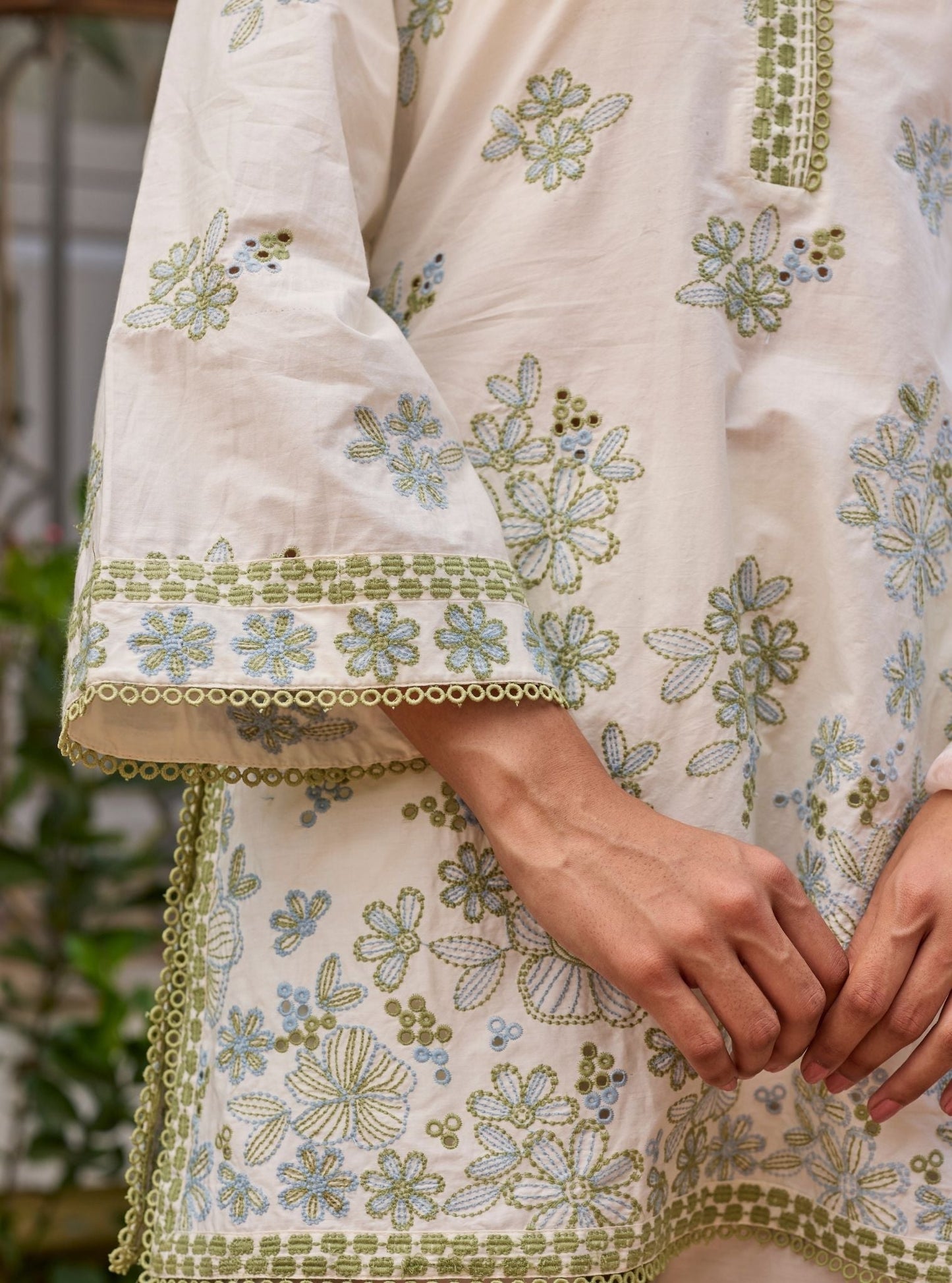 Kalani Supima Cotton Off White & Green Co-ord Set