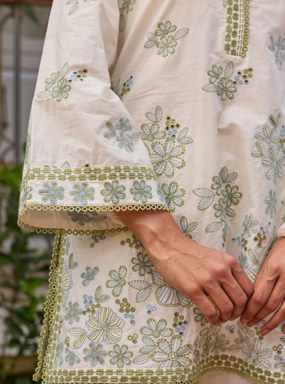 Kalani Supima Cotton Off White & Green Co-ord Set