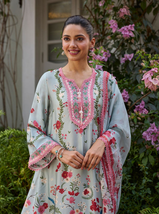 Aro Cupro Satin Blue Kurta Set