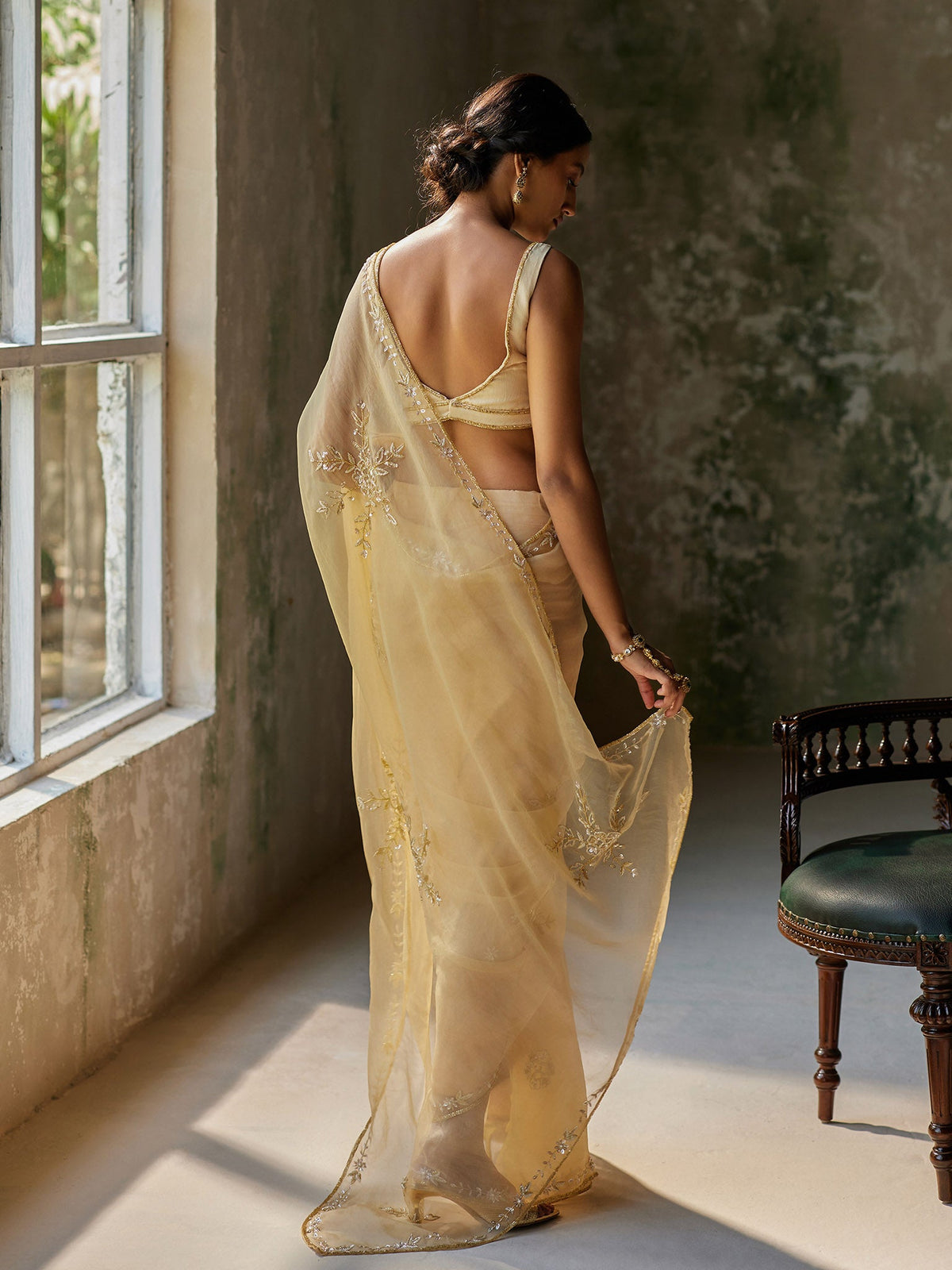 Reverie Golden Silk Organza Saree Set
